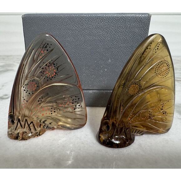 Lalique France Papillion Amber Art Glass Butterfly’s Figurine Set - Picture 2 of 13